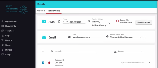 Administrative view within a remote monitoring application showing how SMS/email alerts can be set based on the status of industrial, PLC-based machinery using the Moxa UC-8112A gateway and ExoSense bundle.