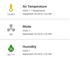 A dashboard panel showing the visual status of the air temp, mode, and humidity for an industrial, PLC-based machinery using the Moxa UC-8112A gateway and ExoSense bundle.